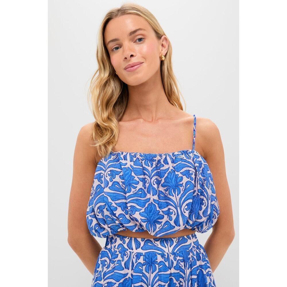 ENGLISH FACTORY Blue Geometric Floral Azores Bubble Blouse Size XS NWT